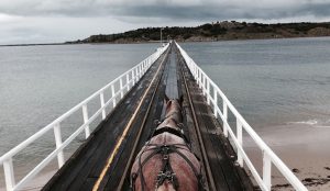 Horse drawn carriage walking across the causeway to Granite Island