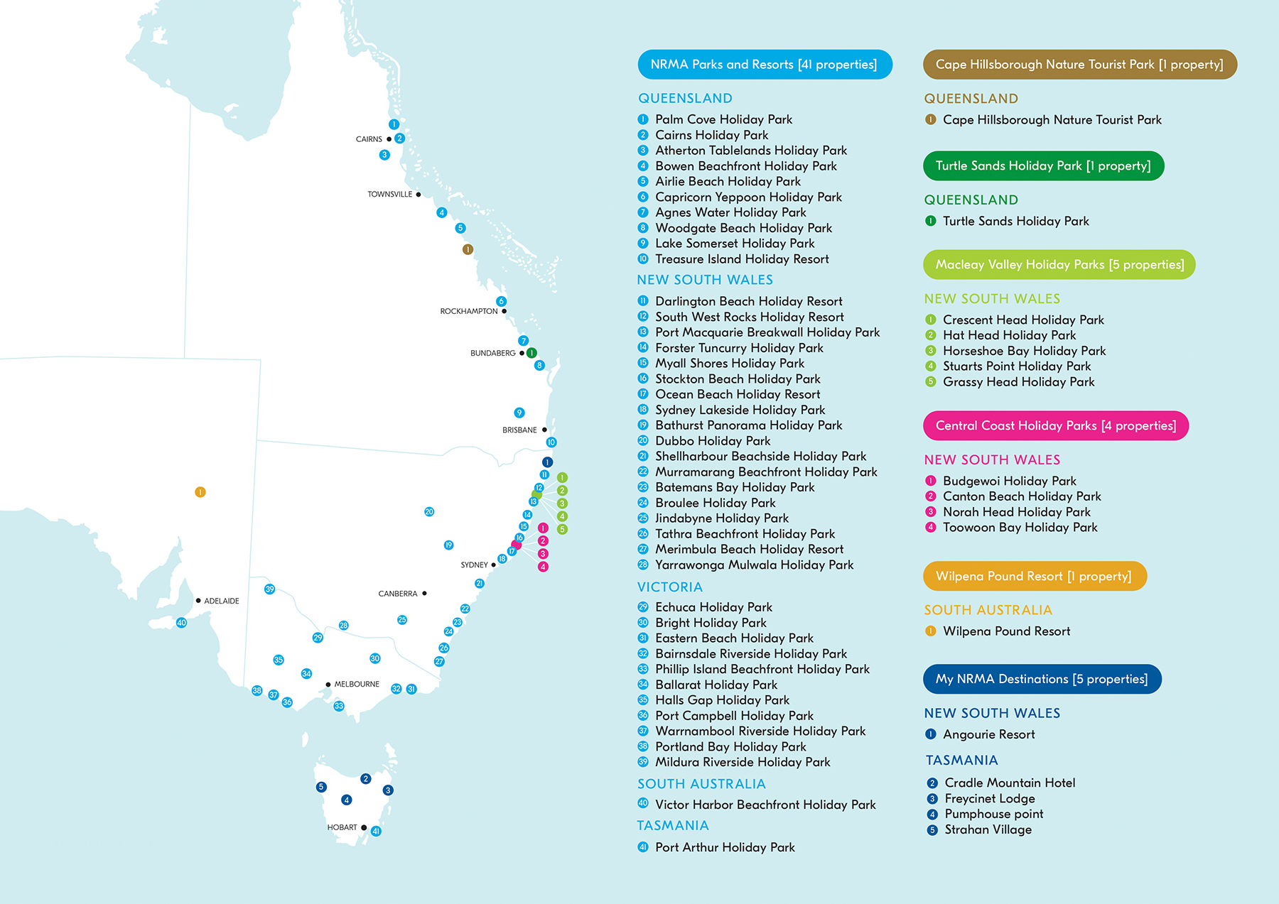 Map of Australia with location of NRMA holiday parks and resorts.