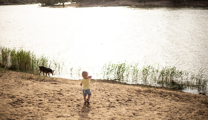 child near the murray river with a dog