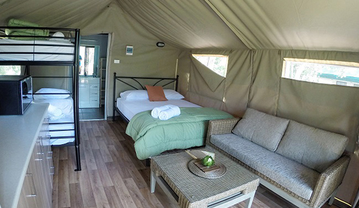 inside safari tent on the Gold Coast