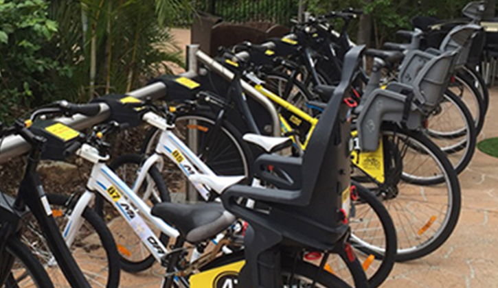 Hire bikes lined up in a row at NRMA Ocean Beach Holiday Resort
